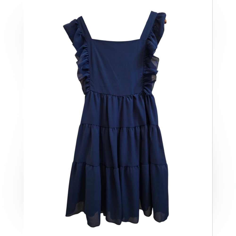 Blue Ruffled Chiffon Tie-Back Flowy Apron Dress Size S EUC